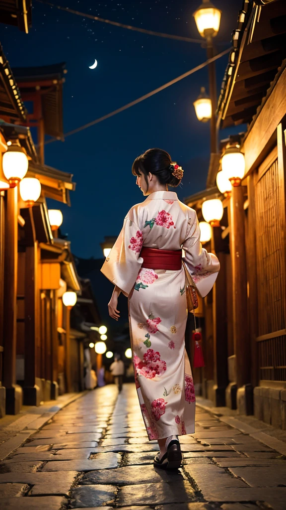 Japanese woman in kimono with back view, walking on a cobblestone night street with ten torii gates in a row and the moon out.