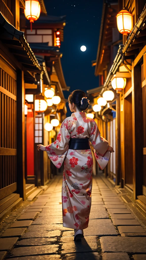 Japanese woman in kimono with back view, walking on a cobblestone night street with ten torii gates in a row and the moon out.