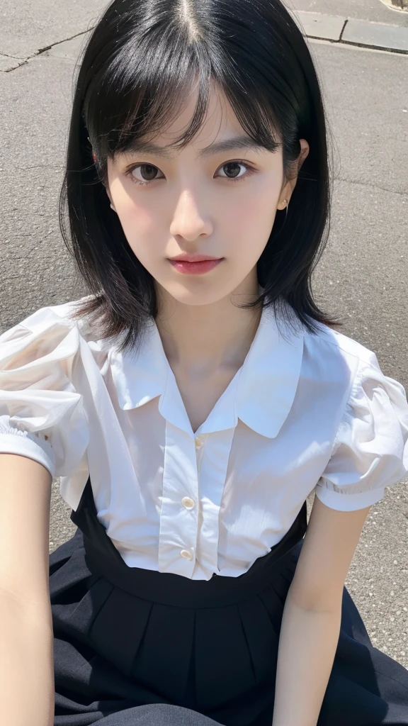 Selfie,Top view,Black Hair,Medium Hair,summercoordinate,Zara,Sitting,Ultra HD,masterpiece,super high quality,Ultra-high resolution,Highest quality,Advanced,Highest quality,Highest Resolution,high quality,beautiful,beautiful,High quality,Realな質感,Real,8K,Detailed,