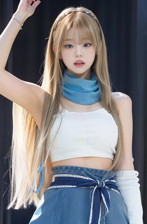 Blonde girl with blue scarf and white top posing for a photo with hazel eyes., roseanne park by blackpink, with long blonde hair, jossi de blackpink, with long white hair, lalisa manobal, heonhwa choe, jaeyeon nam, with long white hair, with long hair, kim taejin, Lalisa Manoban of Blackpink, Sakimichan, tanned skin, small shoulders with big breasts with a mini waist and big hips