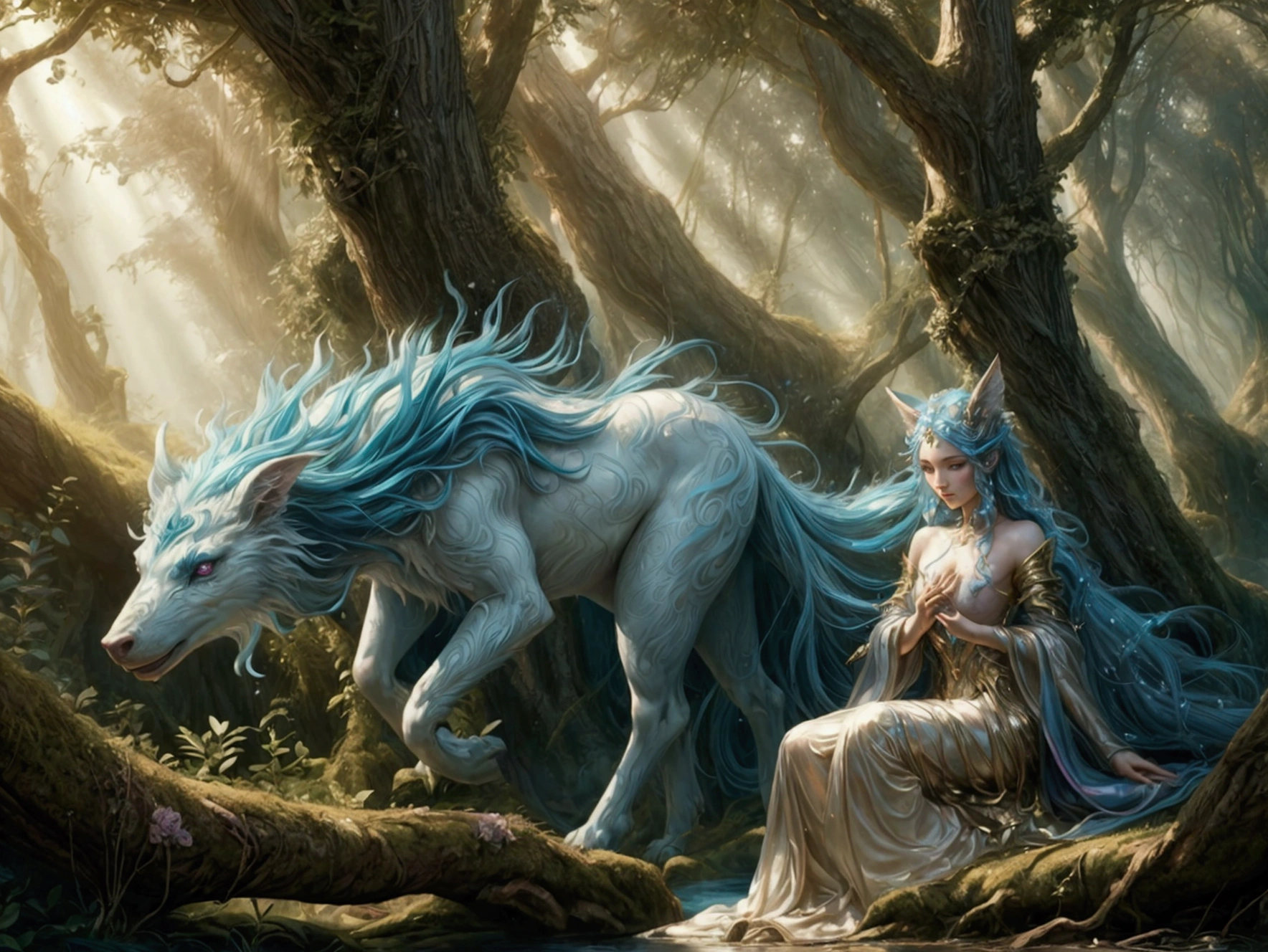 A beautiful, enchantingly elusive humanoid faunus woman, every aspect exudes magic in the midst of danger: shimmering rainbow fur, ethereal golden horn, and eyes that seem to hold the secrets of the universe. The mystical creature is surrounded by a lush, enchanted forest, bathed in the soft light of the setting sun, creating a dreamlike atmosphere that transports viewers to a realm of fantasy and wonder. This breathtaking image is a digital painting that captures the essence of the mythical creature with stunning detail and masterful technique, making it a truly mesmerizing work of art.