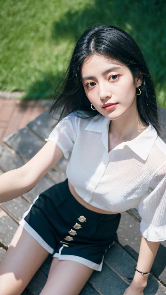 Selfie,Top view,Black Hair,Medium Hair,summercoordinate,Zara,Sitting,Ultra HD,masterpiece,super high quality,Ultra-high resolution,Highest quality,Advanced,Highest quality,Highest Resolution,high quality,beautiful,beautiful,High quality,Realな質感,Real,8K,Detailed,