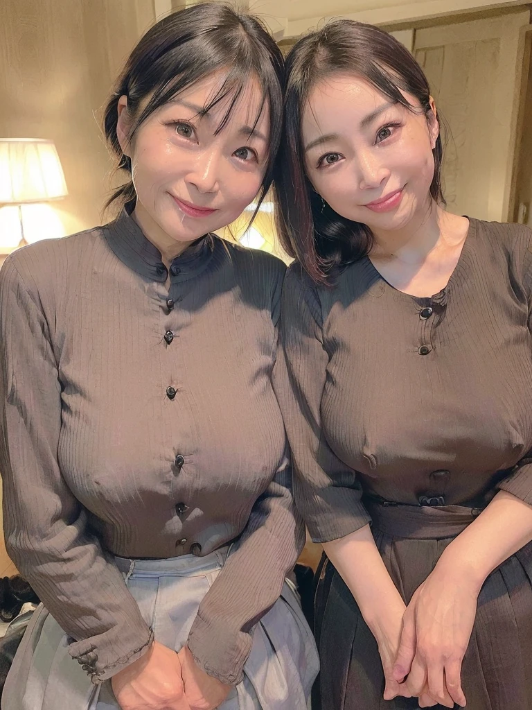 Highest quality、masterpiece、8K、Very detailed、Realistic、(Two Women)、(Looking at me with a smile:1.5)、(50 years old:1.5)、(Wrinkles around the eyes:1.2)、(Wrinkles around the mouth:1.5)、whole body、Black Hair、Small face、(Slender:1.2)、(Big Breasts)、(Erect nipples:1.2)、 tight black buttoned and collared shirt:1.2)、(skirt:1.2)