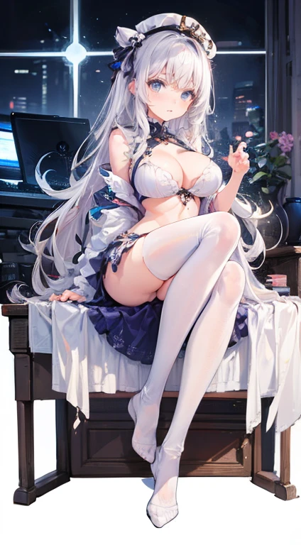 Kizi, breasts big, cute, Caucasian skin, , pink eyeballs, White hair, good figure, super long and beautiful legs, white stockings, 8K, Computer graphics quality, master works, perfects eyes, eye details, right fingers, right thighs, NO extra fingers, no extra legs