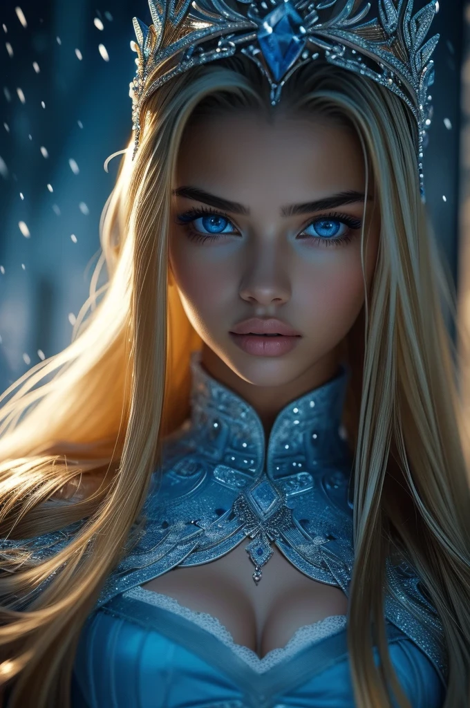16 year old Adriana Lima, ultra detailed face, ultra detailed blue eyes, long blonde hair, (dress), tiara, winter, (((masterpiece)))