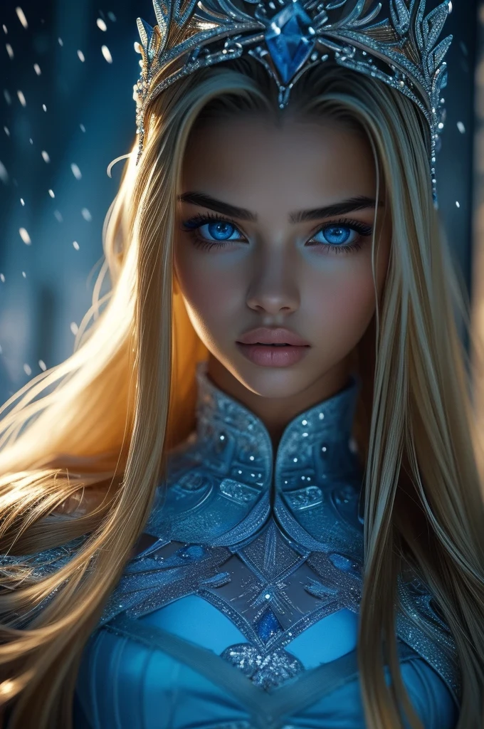 16 year old Adriana Lima, ultra detailed face, ultra detailed blue eyes, long blonde hair, (dress), tiara, winter, (((masterpiece)))