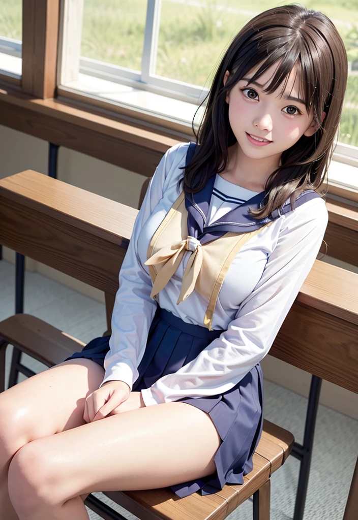 (highest quality,masterpiece:1.3,ultra high resolution),(Super detailed、caustics) (Photoreal:1.4, RAW shooting、)ultra-realistic capture、very detailed、natural skin texture、masterpiece、(junior high school sailor suit:1.3)、1 Japanese girl、adorable expression、expression of happiness、14 years old、young face、surprisingly cute、twin tails、curly hair、black hair、Scrunchie、light makeup、Big breasts that are about to burst、Sit on a chair and open your legs to the left and right、Filmed in a junior high school classroom、Shining thighs、summer sunshine、smile、inviting gaze、White panties