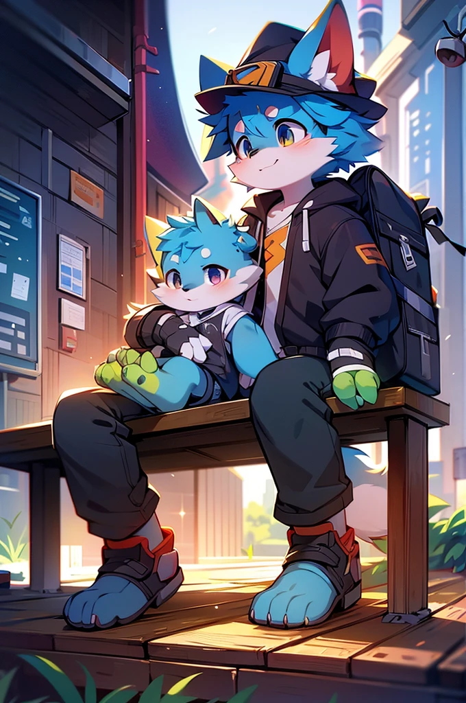A cartoon-style drawing of a fox wearing a hat sitting on a bench, Fashionably dressed fursona, Fox Girl, Cute fox, Anthropomorphic fox, artstation pixivでトレンド, Full Body Commission, High quality anime art style, High resolution consignment, Anthropomorphic fox, High quality fan art, Anthropomorphic Cyberpunk Fox