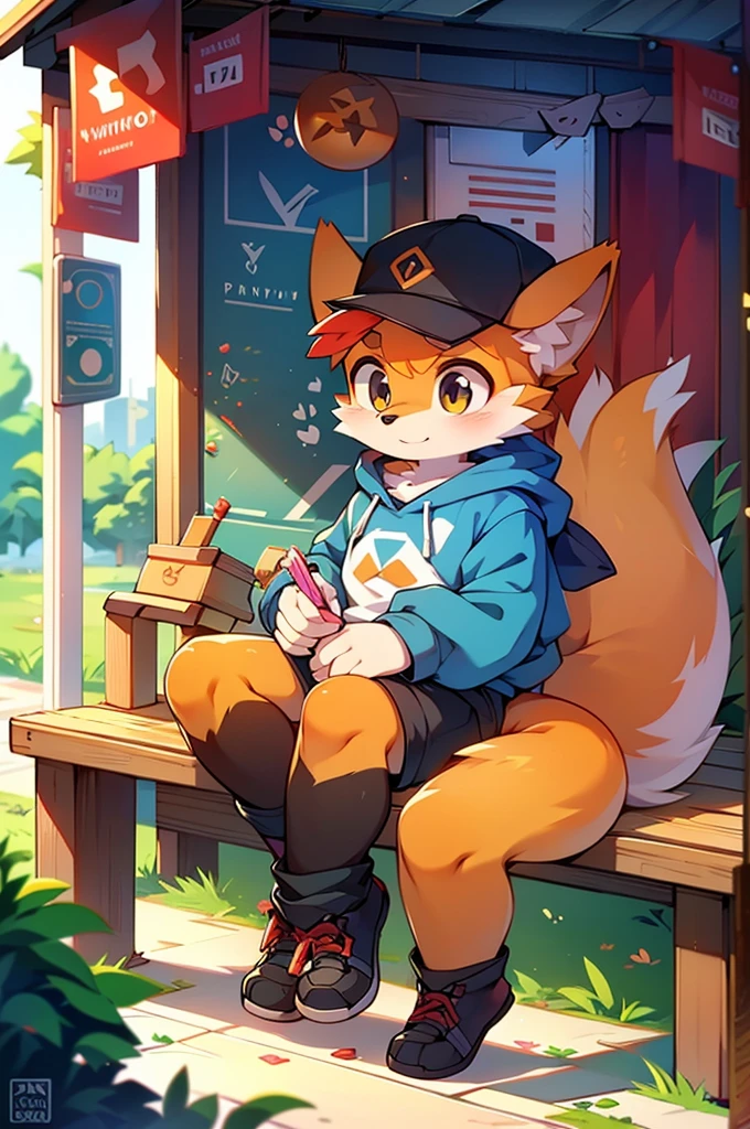A cartoon-style drawing of a fox wearing a hat sitting on a bench, Fashionably dressed fursona, Fox Girl, Cute fox, Anthropomorphic fox, artstation pixivでトレンド, Full Body Commission, High quality anime art style, High resolution consignment, Anthropomorphic fox, High quality fan art, Anthropomorphic Cyberpunk Fox