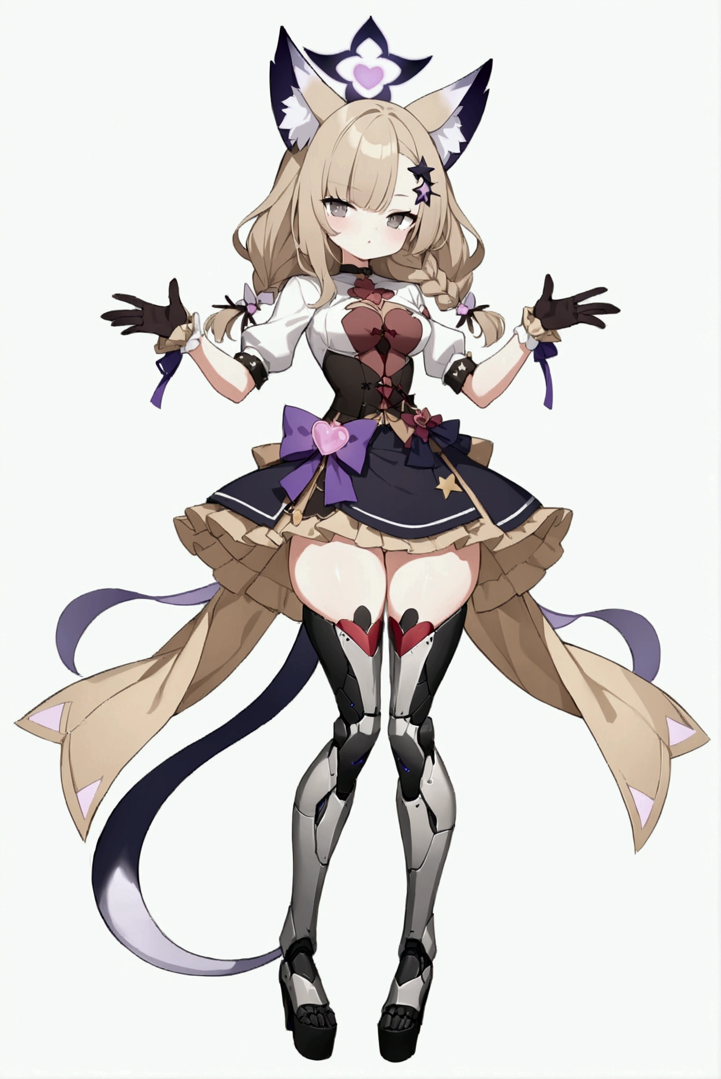 woman 170 cm tall. medium chest, wide hip, slim build, ((whole body)). (((character design sheet: front view))). (dark blonde hair, ((hip length wavy hair, asymmetrical bangs, star hairpin)), (She has a short braid tied with an elegant purple ribbon on the left side of her hair above her chest). (She has a short braid tied with an elegant purple ribbon on the right side of her hair above her chest). She has small hair ties in the back of her hair..). ((Gray eyes with a pink 4-pointed star in the pupil)). (Two black and purple fox ears located on the top of the head). (Luminous black halo with purple star patterns above his head). He has a black collar with a heart emblem on his neck.. (Elegant long one piece dress, thigh-length lace and ruffle skirt, ribbon decorations and star patterns on the dress). black gloves, Black platform heels. gray belt at the waist with a large ribbon with a luminous pink heart in the middle. ((It has a succubus tail that ends in the shape of a heart.)). (((It has complex mechanical legs that reach up to the thighs and are black with small purple details..))). beautiful detailed hair, beautiful detailed dress. extremely detailed arms. extremely detailed face, small face, Beautiful detailed eyes, beautiful detailed lips. adorable. extremely detailed legs. (Best Quality, 4k, high resolution), ultra detailed, Exquisite and epic character art, ((White background)). (Focus on symmetry).