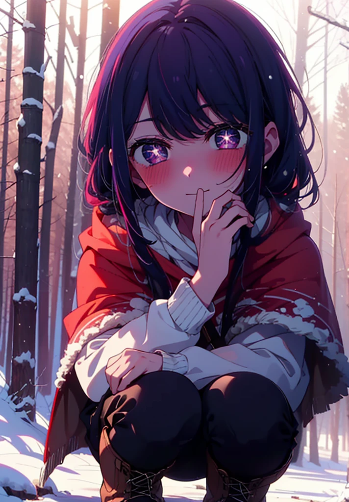 aihoshino, Ai Hoshino, Long Hair, bangs, (Purple eyes:1.1), Purple Hair, (Symbol-shaped pupil:1.5), smile,,smile,blush,White Breath,
Open your mouth,snow,Ground bonfire, Outdoor, boots, snowing, From the side, wood, suitcase, Cape, Blurred, , forest, White handbag, nature, Squat, Mouth closed, Cape, winter, Written boundary depth, Black shoes, red Cape break looking at viewer, Upper Body, whole body, break Outdoor, forest, nature, break (masterpiece:1.2), Highest quality, High resolution, unity 8k wallpaper, (shape:0.8), (Beautiful and beautiful eyes:1.6), Highly detailed face, Perfect lighting, Extremely detailed CG, (Perfect hands, Perfect Anatomy),