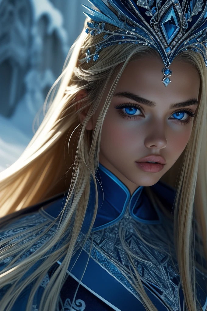 16 year old Adriana Lima, ultra detailed face, ultra detailed blue eyes, long blonde hair, (dress), tiara, winter, (((masterpiece)))