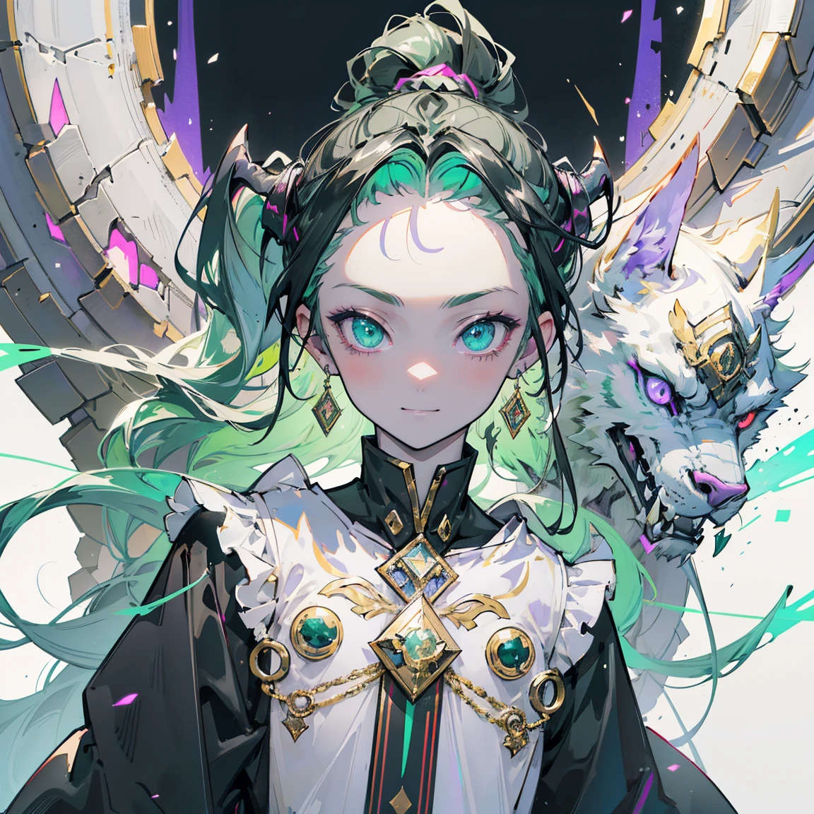 cheerful boy aristocrat open forehead. dark green hair braided in a ponytail on the left side to one side. sinuous black horns wrapped in dark green ribbon. pale green eyes. in short dark green shorts. long white T-shirt. dark green knee-high socks. a white long robe with a hood flutters in the wind. black ancient stone walls of the castle purple light from lamps with gold ornaments, heterochromia, long curly hair, pale skin, I look at the viewer, closed mouth, bright smile, Beautiful, extremely detailed eye, Absolutely amazing art, extremely detailed, Digital art of the highest quality, full length, old piano, ancient walls of a stone castle 