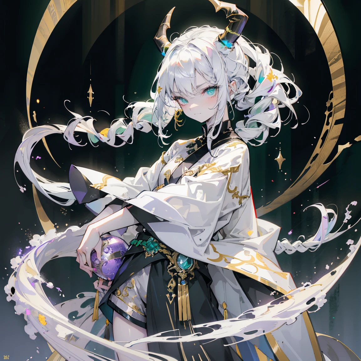 cheerful boy aristocrat open forehead. dark green hair braided in a ponytail on the left side to one side. sinuous black horns wrapped in dark green ribbon. pale green eyes. in short dark green shorts. long white T-shirt. dark green knee-high socks. a white long robe with a hood flutters in the wind. black ancient stone walls of the castle purple light from lamps with gold ornaments, heterochromia, long curly hair, pale skin, I look at the viewer, closed mouth, bright smile, Beautiful, extremely detailed eye, Absolutely amazing art, extremely detailed, Digital art of the highest quality, full length, old piano, ancient walls of a stone castle