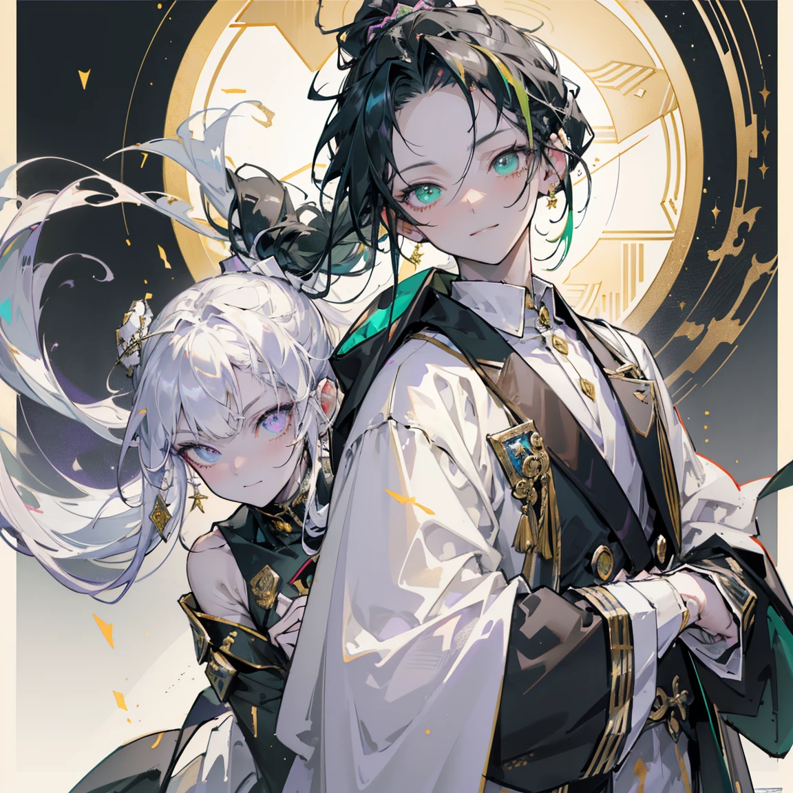 cheerful boy aristocrat open forehead. dark green hair braided in a ponytail on the left side to one side. sinuous black horns wrapped in dark green ribbon. pale green eyes. in short dark green shorts. long white T-shirt. dark green knee-high socks. a white long robe with a hood flutters in the wind. black ancient stone walls of the castle purple light from lamps with gold ornaments, heterochromia, long curly hair, pale skin, I look at the viewer, closed mouth, bright smile, Beautiful, extremely detailed eye, Absolutely amazing art, extremely detailed, Digital art of the highest quality, full length, old piano, ancient walls of a stone castle
