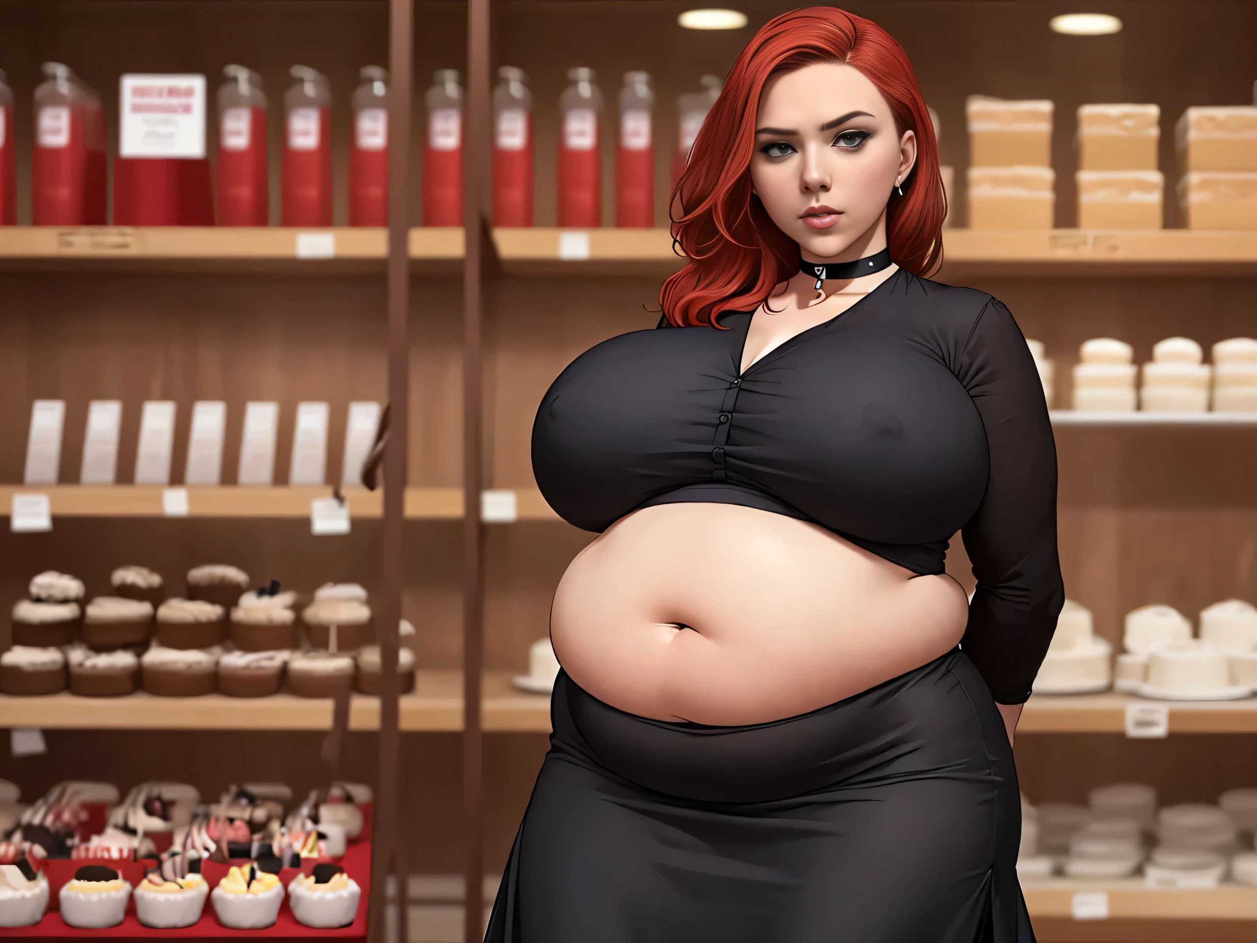 Scarlett Johansson, masterpiece quality, (masterpiece quality:1.3), detailed, realistic, (realistic:1.3), 1girl, solo, (solo:1.9), alone, in a cake shop, lots of cake in background, cake on shelves in background, long raid, red hair, wearing choker collar, wearing fancy black dress, (black dress:1.5), wearing long skirt, (long skirt:1.5), chubby body, chubby belly, (chubby belly:1.5), big breasts, (big breasts:1.5), covered breasts, (covered breasts:1.5), 