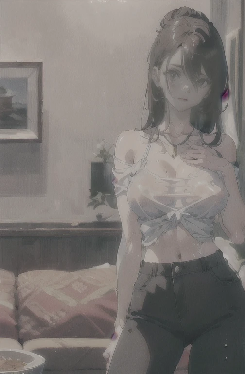 photo of a young girl, (((erectNipple botchs))), bangss, bared shoulders, black pants, breastsout, Lindos breastsout grandes, breastsout squeezed together, luxury living room detailed background, hair between the eyes, breastsout enormes, long hair, face oval, Double eyelids, parted lips, eyes browns, lace shirt, standing alone, (areolas), (neckleace), underarm wrinkles, delicate and sexy(clavicle:1.3), Light brown bun hair, (shining skin:0.8),(work of art:1.4),(best qualityer:1.4), naturals(breastsout médios:1.25), ,Facigirl, Red lips, perfect abs, (Nipple botch: 1.5), (pure areola), (transparent fabrics), humida(sweaty, soggy),