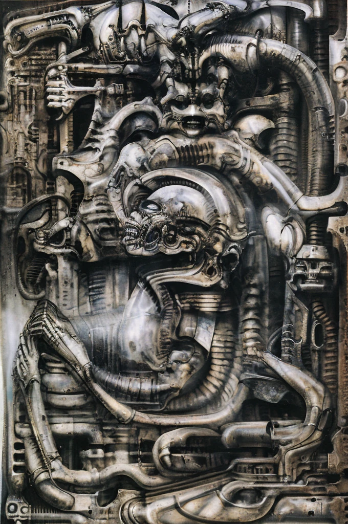 xGiger,  Tableau with some of the artistic techniques and compositional features used in /“Biomechanical landscape No 312/” by H r (Hans Rudie) Giger:
The image is a surrealistic artwork featuring an alien robotics humanoid figures, each with a unique design, surrounded with pipes and gears, set against a background of intricate machinery
The central focus of the image is a nightmarish tableau of two biomechanical heads. They are connected by a network of pipes and tubes that appear to be either feeding them or draining them. The heads themselves are elongated and skeletal, with gaping maws. Their eyes are empty sockets, and their expressions are vacant and emotionless.
 Heads are humanoid but industrial and ivorysh, with pipes and wires integrated throughout their structure. One face appears to be screaming, the other has its mouth open like a maw. They are surrounded by various mechanical doodads and tubes, and blend seamlessly into the background of industrial machinery.The biomechanical heads could have represented some kind of alien creatures, or they could have been machines that had become sentient
Used Airbrushing is a technique for applying paint using a device that sprays a fine mist. It is often used to create smooth, even coats of paint, and it can be used to create very detailed effects. Giger's use of airbrushing in this image creates a hyperrealistic quality to the biomechanical landscape, making it appear even more alien and unsettling. It is also often used to create very smooth and even gradients of color.
The use of a dark palette with blacks, purplish browns, and grays creates a sense of mystery and dread. The dark colors obscure the details of the image, making it difficult for the viewer to see what they are looking at. This ambiguity adds to the unsettling nature of the work. The dark colors also help to emphasize the biomechanical elements in the painting.
The background features even more machinery, including pipes, gears, and cables. 