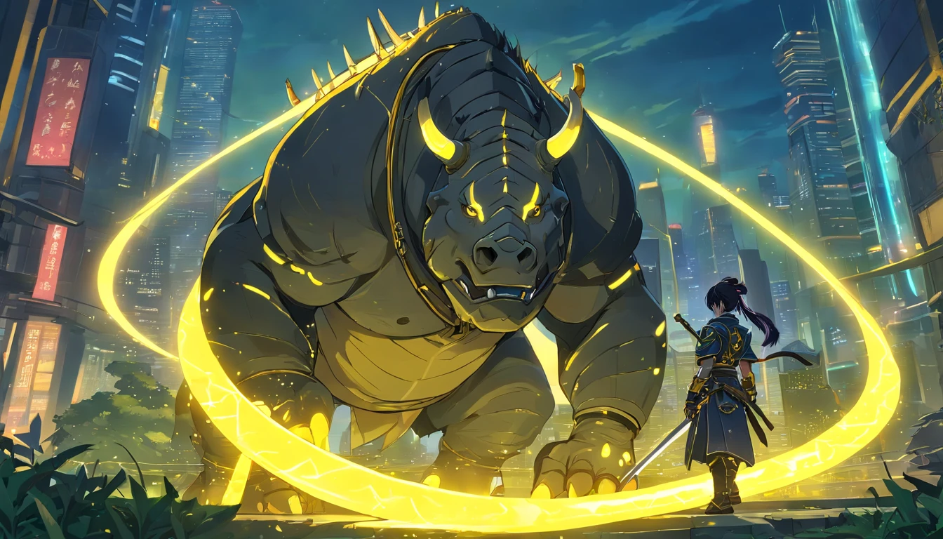 Ancient anime style, artbook, comicbook, RPG, futuristic medieval, steampunk. A samurai orc rhinoceros warrior, wearing black technological medieval magic armor with yellow glowing magic markings, dynamic pose, full body, human face with yellow glowing magic tribal tattoos, orc features, black rhino horn with yellow glowing magic markings, tail rhinoceros, magical black stone skin with yellow glowing carved markings, glowing eyes, using a technological black rhinoceros horn magic longsword with yellow glowing magic markings. In a metropolis of a magical kingdom with advanced technology, with tall buildings with neon details, mixing technology with magical vegetation, steampunk. Wide scenery, cinematic scene with several layers of depth, dynamics, magical lighting.