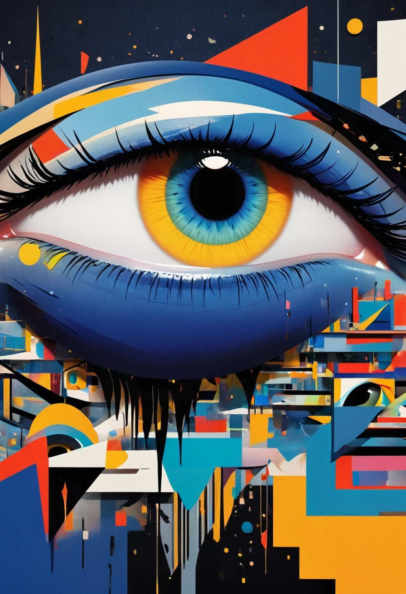 a highly detailed, abstract geometric eye, deconstructed eye architecture, minimalist, geometric shapes, strong sense of space, flat design, vector art, poster design, (best quality,8k,highres,masterpiece:1.2),ultra-detailed,(realistic,photorealistic,photo-realistic:1.37),HDR,UHD,studio lighting,ultra-fine painting,sharp focus,physically-based rendering,extreme detail description,professional,vivid colors,bokeh