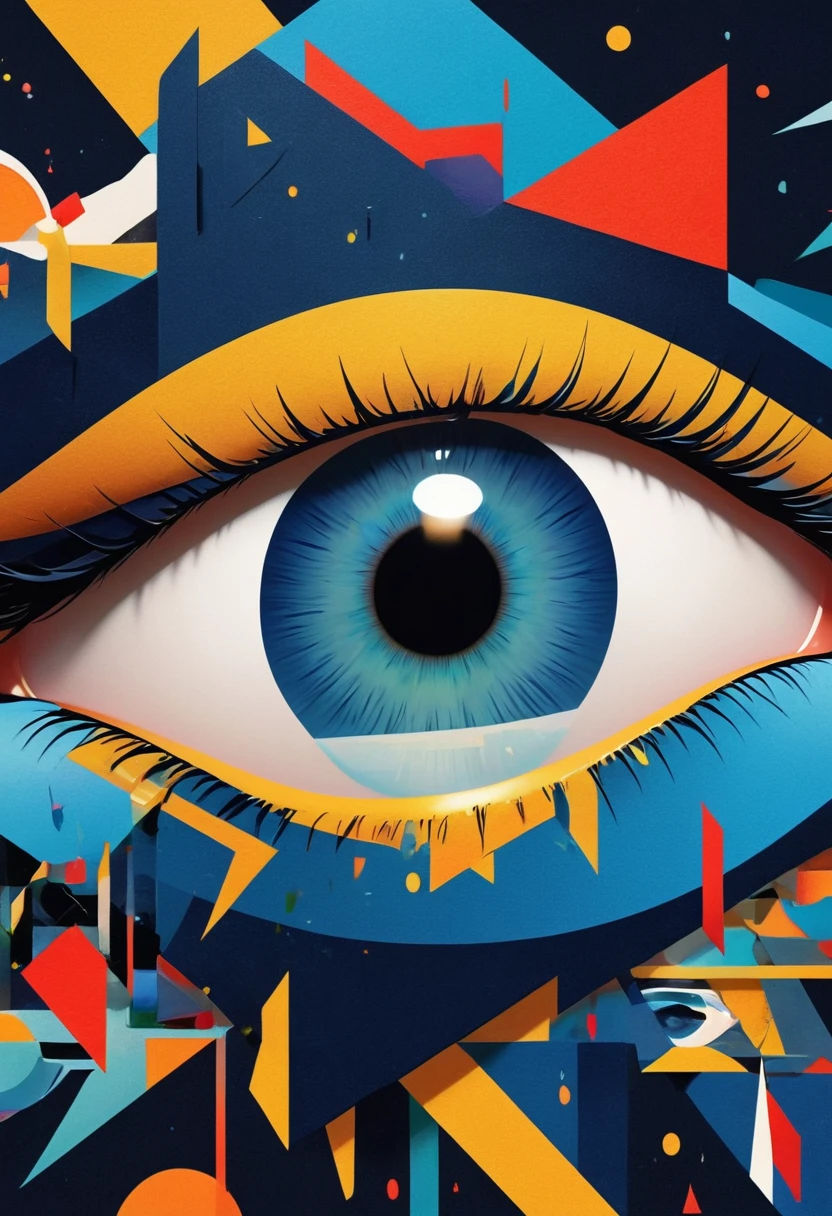 a highly detailed, abstract geometric eye, deconstructed eye architecture, minimalist, geometric shapes, strong sense of space, flat design, vector art, poster design, (best quality,8k,highres,masterpiece:1.2),ultra-detailed,(realistic,photorealistic,photo-realistic:1.37),HDR,UHD,studio lighting,ultra-fine painting,sharp focus,physically-based rendering,extreme detail description,professional,vivid colors,bokeh