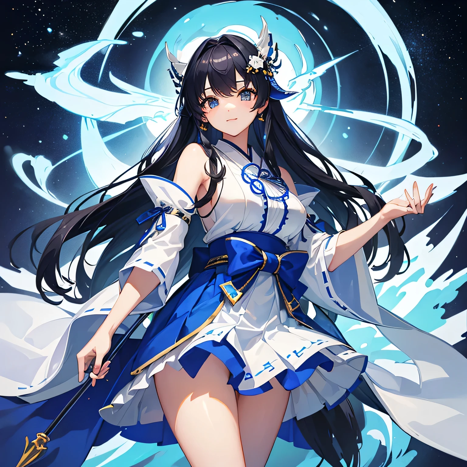 masterpiece,Highest quality,High resolution,Super detailed,hyper quality, highly detailed, (((gripping Spear))), The best smile、(((Blue and white shrine maiden costume))), (((青いmicro mini skirt))), Black hair straight、long hair、I don't wear anything on my feet、(((Blue Big Ribbon))), Large slit eyes、Straight bangs、Big Breasts、Blue sleeves、A girl about 、