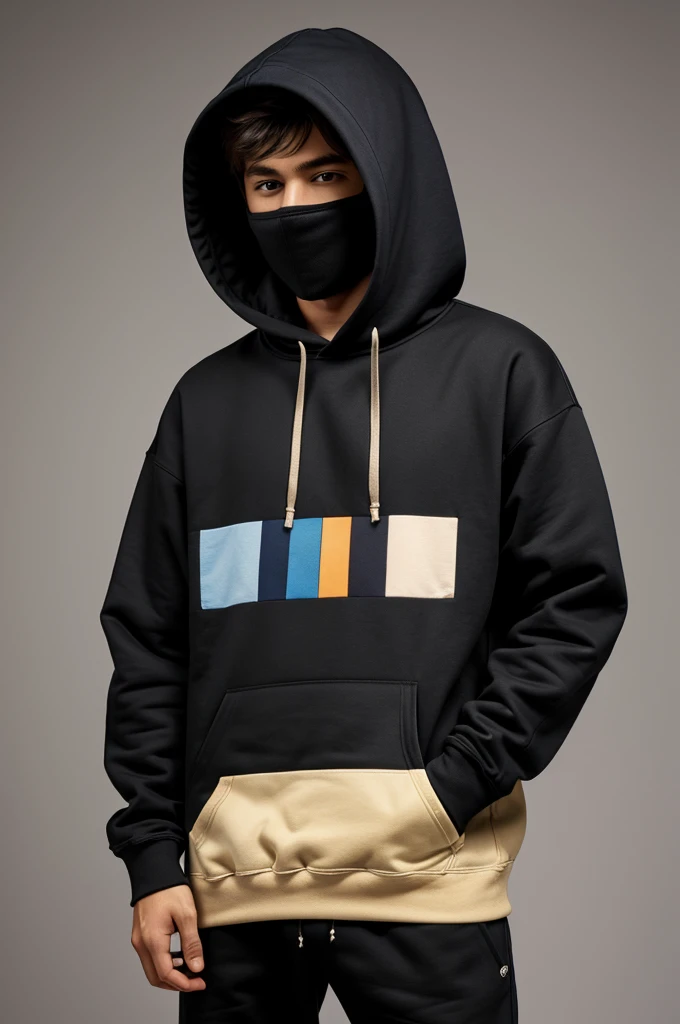 An image for my logo that is professional that looks like a photo of a camera that seems to have sad colors but that the tone is happy and that these shades are in the background, the main thing is a boy covering his face with a black hoodie model sweatshirt size S height 1,70m He has his hands in his pockets and his skin is a soft, durano color, he has hunter's eyes and they are dark brown and you can see peace and confidence through them..