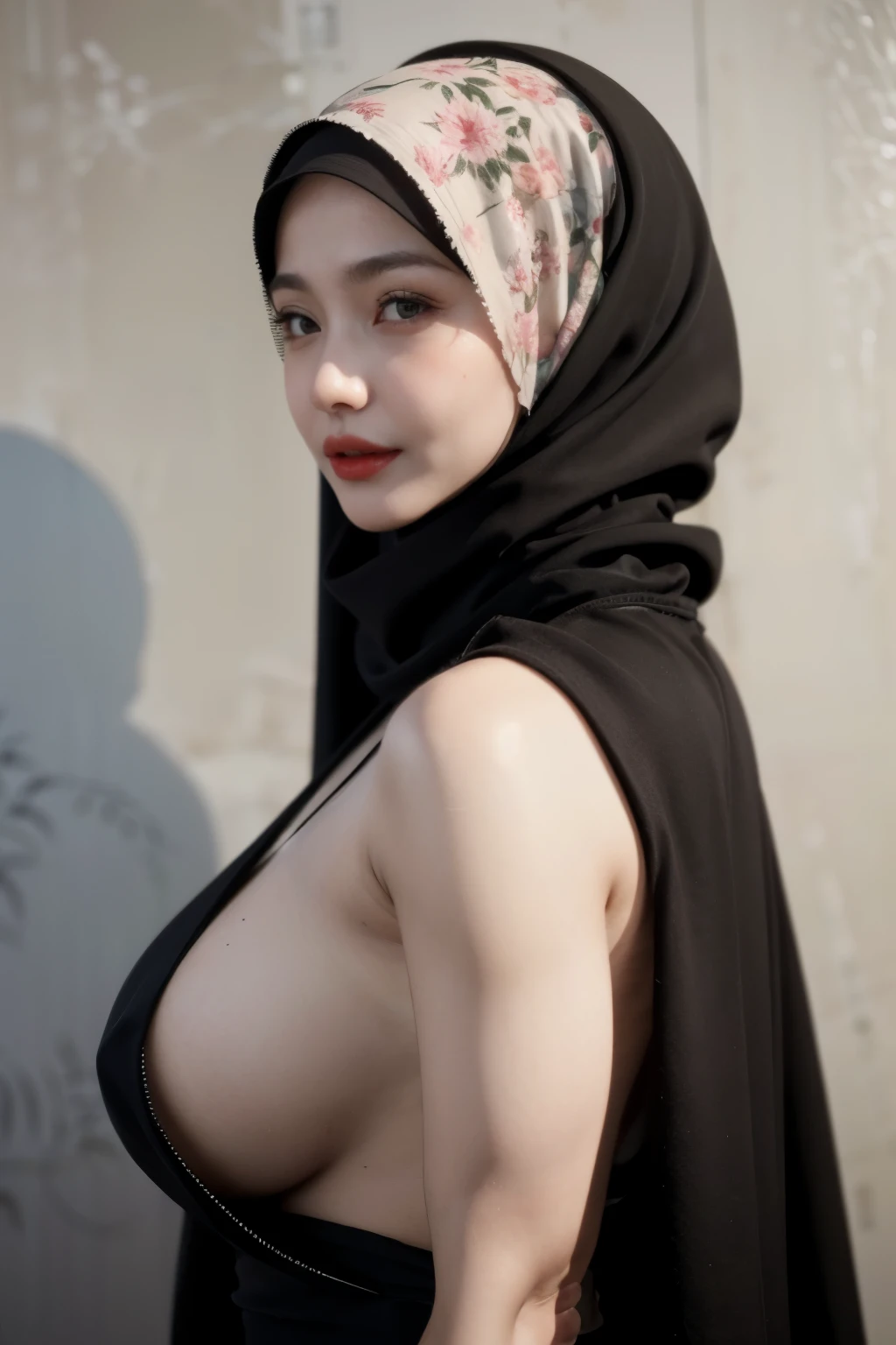 (PLUMPERS), ((Red Lips)), Coats Medium body portrait, ((Floral Pattern Hijab Stylish)), HALIMAH'S MOTHER IS 85 YEARS OLD HER BODY IS VERY FAT & NUDE AT A DARK NIGHT PLACE, Ultra High Res. realistic: 1.4, UHD, lace , very flat chest, half body portrait , skinny my body, view from side seductive pose , (old lady:1.4)