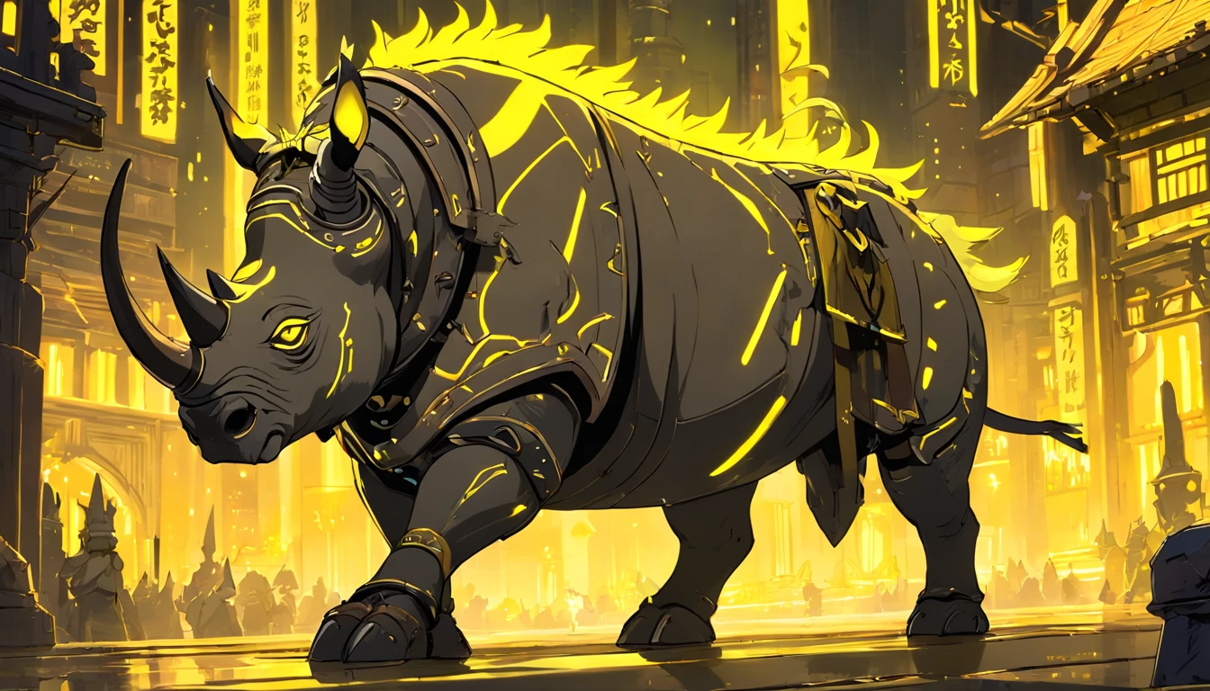 Ancient anime style, artbook, comicbook, RPG, futuristic medieval, steampunk.  A samurai orc rhinoceros warrior, wearing black technological medieval magic armor with yellow glowing magic markings, dynamic pose, full body, human face with yellow glowing magic tribal tattoos, orc features, black rhino horn with yellow glowing magic markings, tail rhinoceros, magical black stone skin with yellow glowing carved markings, glowing eyes, using a technological black rhinoceros horn magic longsword with yellow glowing magic markings.  In a metropolis of a magical kingdom with advanced technology, with tall buildings with neon details, mixing technology with magical vegetation, steampunk.  Wide scenery, cinematic scene with several layers of depth, dynamics, magical lighting.