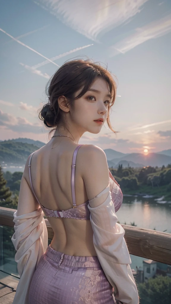 Beautiful scenery in the mountains, with orange and purple clouds at sunset, mesmerizing and magical, 1 girl, looking back, removed upper body clothes, bra with straps, hot body, big breast 