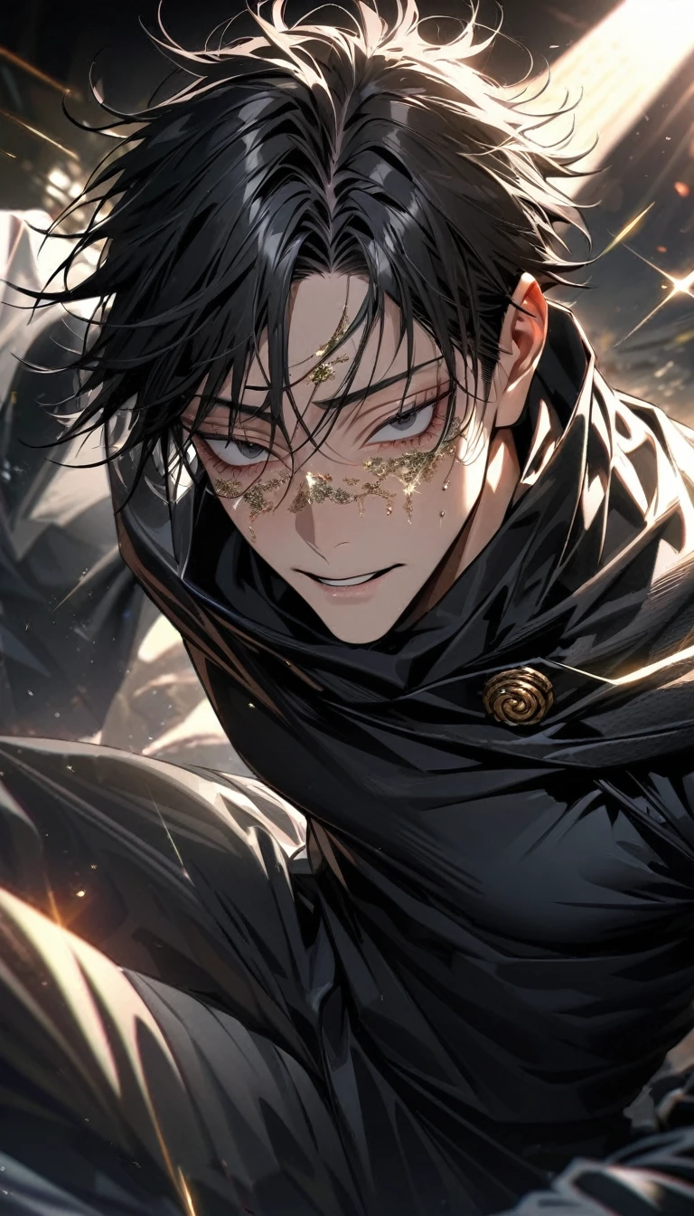 Ultra detailed, HDR, Highres, absurdres, master piece, ((toji fushigur)), expressive black eyes, black hair, Jujutsu Kaisen, black shirt, black and white suit, sexy man, solo, extremely detailed face and eyes, extremely handsome, glittering, black cape,