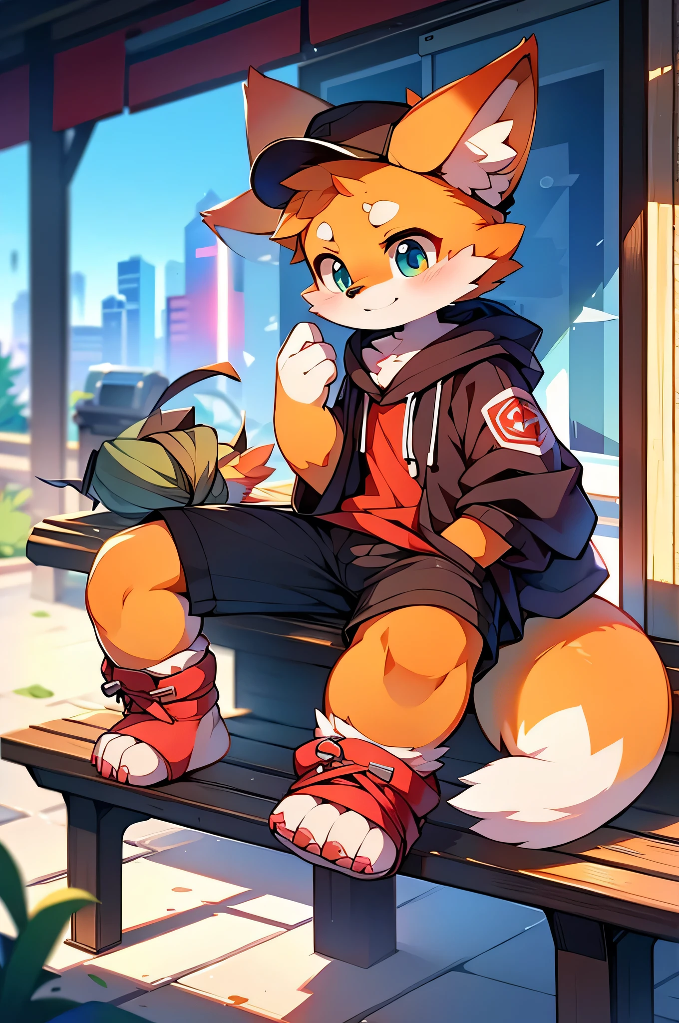 A cartoon-style drawing of a fox wearing a hat sitting on a bench, Fashionably dressed fursona, Fox Girl, Cute fox, Anthropomorphic fox, artstation pixivでトレンド, Full Body Commission, High quality anime art style, High resolution consignment, Anthropomorphic fox, High quality fan art, Anthropomorphic Cyberpunk Fox