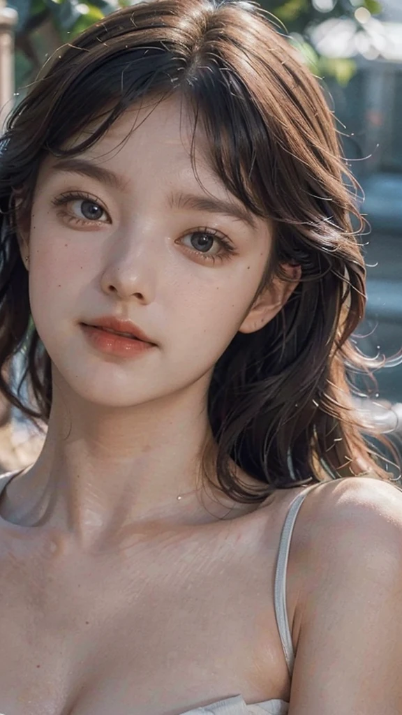 bloom, lens reflection, (8k, RAW, professional, best quality, masterpiece: 1.2), (realistic, photorealistic: 1.37), ultra-detailed, (wide-angle 25mm portrait), (most detailed skin: 1.2), very detailed face, cinematic lighting, 1girl, curly black hair, (windy), dark light, looking at the camera, large breasts,