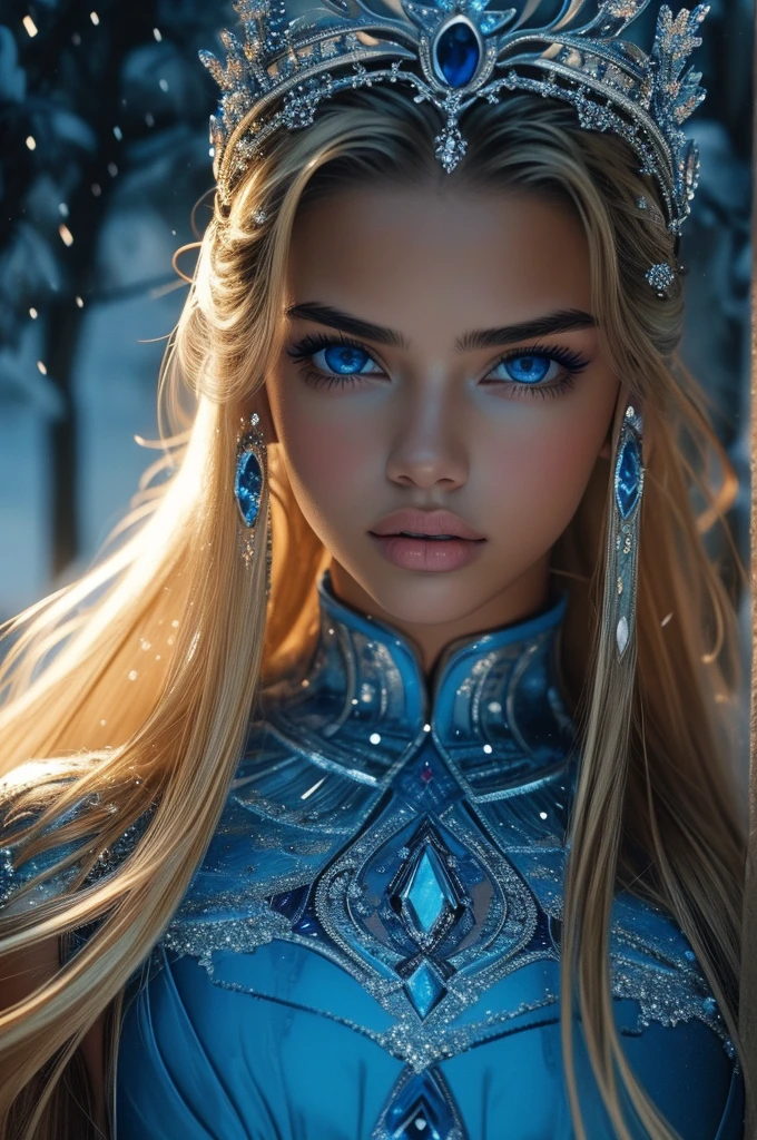 16 year old Adriana Lima, ultra detailed face, ultra detailed blue eyes, long blonde hair, (dress), tiara, winter, (((masterpiece)))