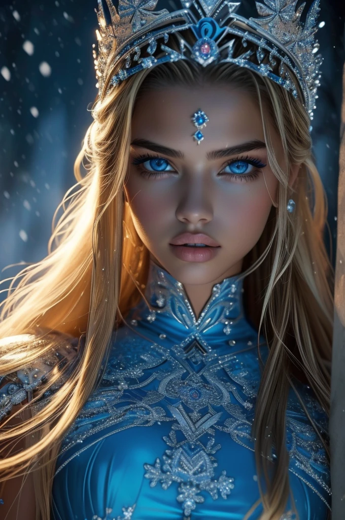 16 year old Adriana Lima, ultra detailed face, ultra detailed blue eyes, long blonde hair, (dress), tiara, winter, (((masterpiece)))