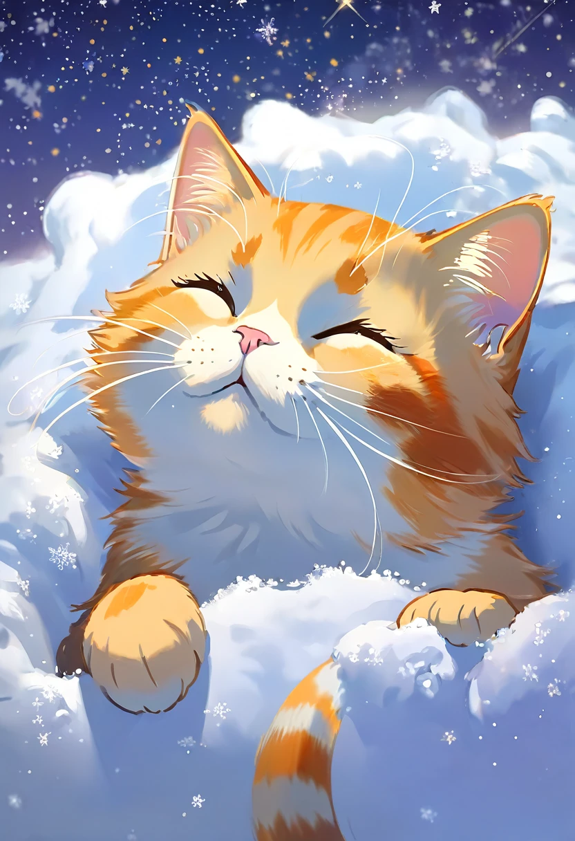 Please draw a picture that meets the following conditions.
The angle of view is a close-up，HD, Disney Pixar style, digital painting, natural lighting, rich background, edge lighting, dreamy color tone, color palette, aspect ratio 16:9This picture depicts a small orange-and-white cat lying peacefully on a cloud that looks like snow, with its eyes closed, as if enjoying a sweet dream. The cat’s expression is very calm and content, with its mouth corners slightly turned up as if it’s smiling. The background of the painting is a dreamlike starry sky, adorned with dangling stars and soft halos, some of which connect with graceful lines to create a quiet and peaceful night atmosphere.The overall style can be described as full of fantasy and fairy-tale colors. The entire image is dominated by warm and bright colors, The use of color is soft and layered; the orange and white cat contrasts sharply with the dark blue and purple background, creating a warm versus cool tone that enhances the snug feel of the picture.presenting a peaceful, warm, and pleasant feeling that makes one’s mood very relaxed and happy after looking at it. In addition, the details of the painting are exquisitely handled, such as the texture of the cat’s fur, the fluffiness of the clouds, and the twinkling starlight, all of which add to the picture’s delicacy and charm.