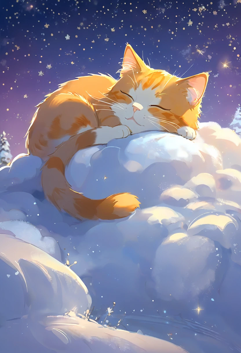 Please draw a picture that meets the following conditions.
The angle of view is a close-up，HD, Disney Pixar style, digital painting, natural lighting, rich background, edge lighting, dreamy color tone, color palette, aspect ratio 16:9This picture depicts a small orange-and-white cat lying peacefully on a cloud that looks like snow, with its eyes closed, as if enjoying a sweet dream. The cat’s expression is very calm and content, with its mouth corners slightly turned up as if it’s smiling. The background of the painting is a dreamlike starry sky, adorned with dangling stars and soft halos, some of which connect with graceful lines to create a quiet and peaceful night atmosphere.The overall style can be described as full of fantasy and fairy-tale colors. The entire image is dominated by warm and bright colors, The use of color is soft and layered; the orange and white cat contrasts sharply with the dark blue and purple background, creating a warm versus cool tone that enhances the snug feel of the picture.presenting a peaceful, warm, and pleasant feeling that makes one’s mood very relaxed and happy after looking at it. In addition, the details of the painting are exquisitely handled, such as the texture of the cat’s fur, the fluffiness of the clouds, and the twinkling starlight, all of which add to the picture’s delicacy and charm.