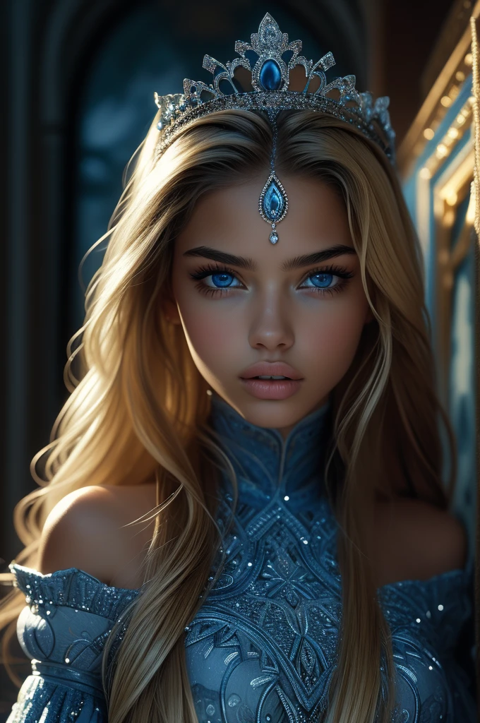 16 year old Adriana Lima, ultra detailed face, ultra detailed blue eyes, long blonde hair, (dress), tiara, winter, (((masterpiece)))