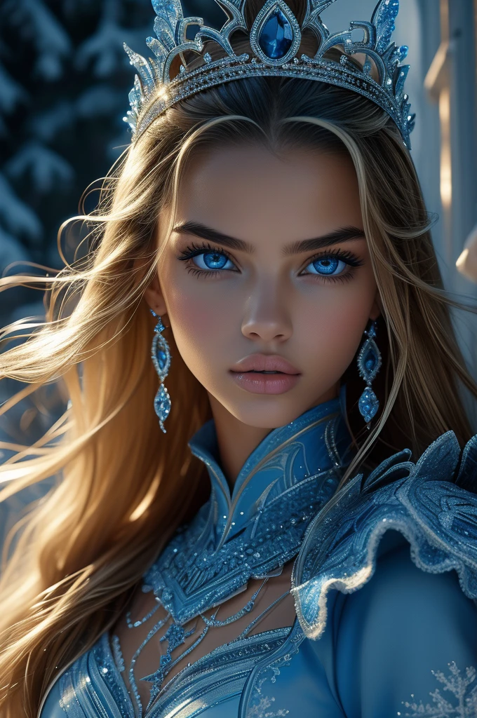 16 year old Adriana Lima, ultra detailed face, ultra detailed blue eyes, long blonde hair, (dress), tiara, winter, (((masterpiece)))