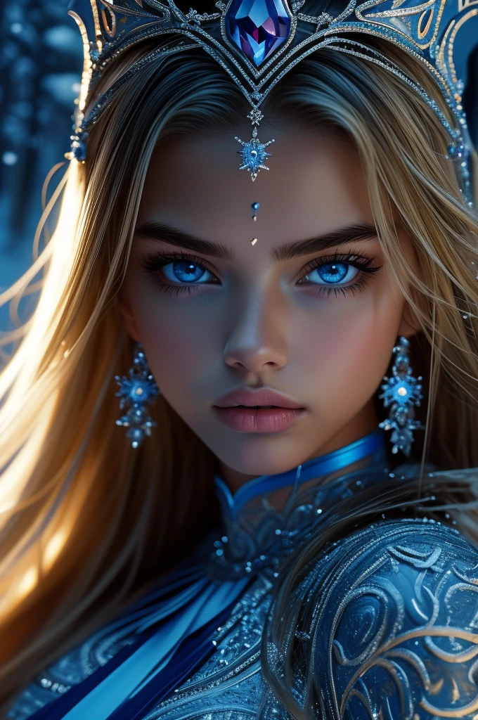  Adriana Lima, ultra detailed face, ultra detailed blue eyes, long blonde hair, (dress), tiara, winter, (((masterpiece)))