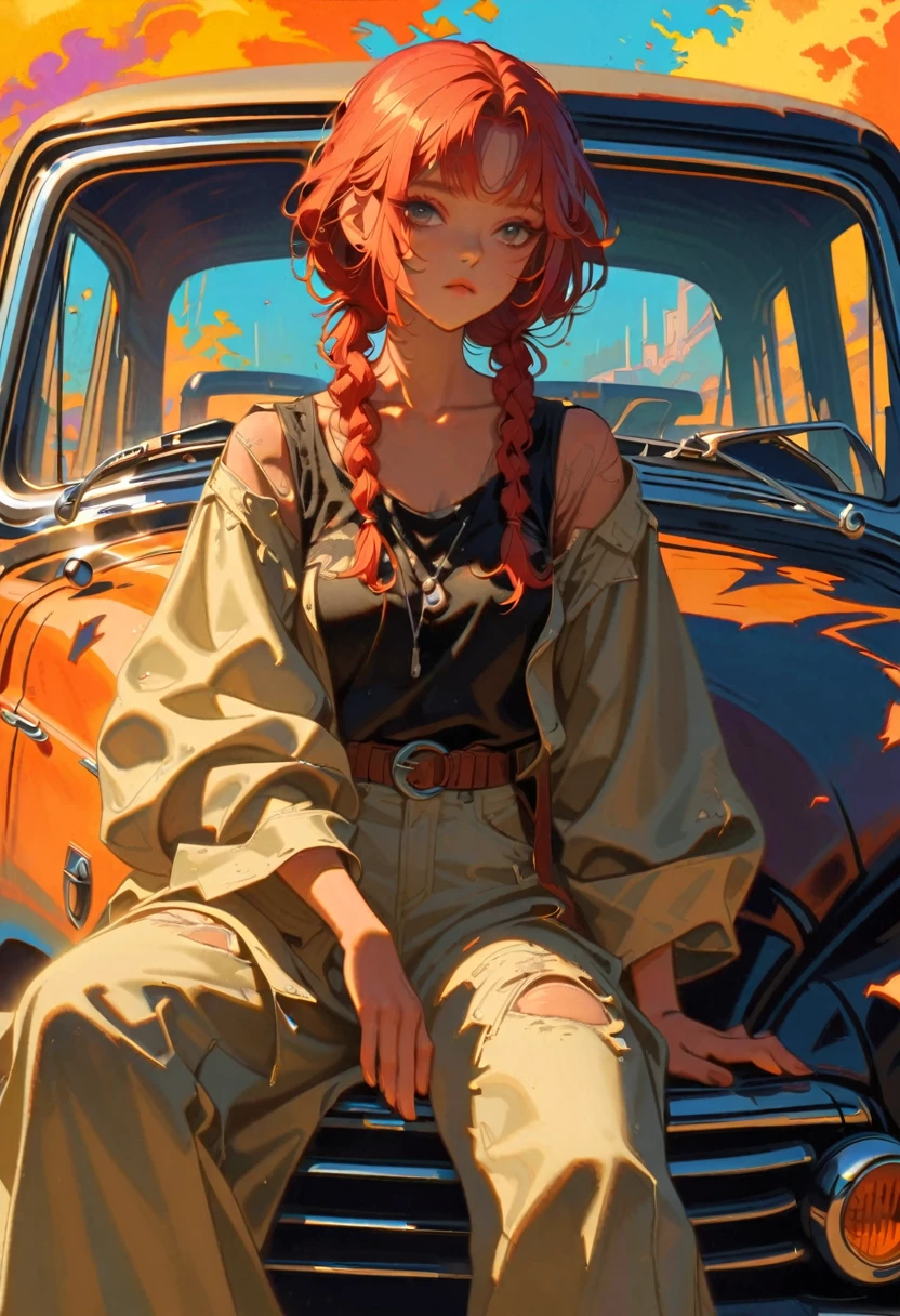 Style 9, a woman with straight copper-red hair tied in two long braids, bangs, tanned complexion, black eyes, wearing old apocalyptic clothes, sitting in an old car