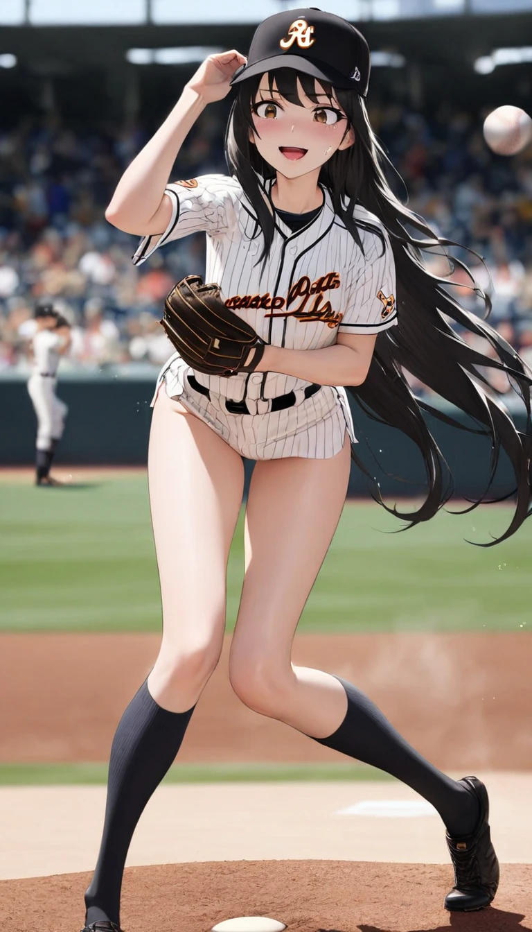 Highest quality, Super quality, 16K, Incredibly absurd, Very detailed, delicate and dynamic, SFW, Natural light, , Diffuse reflection of light, Vortex of Light, baseball Ground,mound, , , ,, Sparkling, Create amazing image effects, cash register, Upper body close-up, (cute sexy girl, , sexy long legs, Baseball pitcher, Sensual expression, fine, Active, smile, First pitch, , nervous, Raise your left foot wide, black long hair, Baseball Uniform, hot pants, knee high socks, Wearing a baseball hat,  )