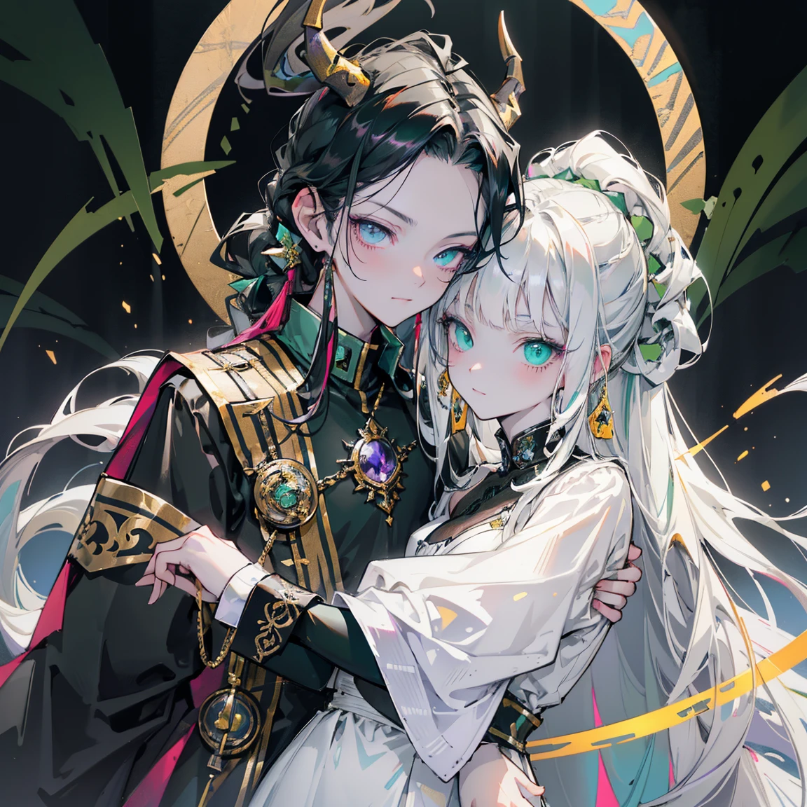 cheerful boy aristocrat open forehead. dark green hair braided in a ponytail on the left side to one side. sinuous black horns wrapped in dark green ribbon. pale green eyes. in short dark green shorts. long white T-shirt. dark green knee-high socks. a white long robe with a hood flutters in the wind. black ancient stone walls of the castle purple light from lamps with gold ornaments, heterochromia, long curly hair, pale skin, I look at the viewer, closed mouth, bright smile, Beautiful, extremely detailed eye, Absolutely amazing art, extremely detailed, Digital art of the highest quality, full length, old piano, ancient walls of a stone castle 
