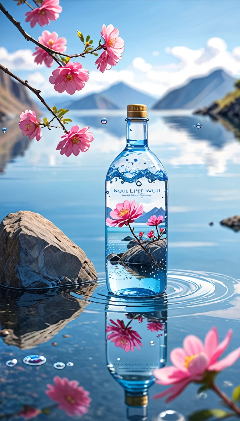 Outdoor, Bottle, water, Without humans, still life, Blurred, bubble, scenery, water drop, Ocean, Day, null, blue null, cloud, Blurred background, Depth of written boundary, reflection, alone, rock, Motion Blur, Mountain,Pink Flower, branch, ice