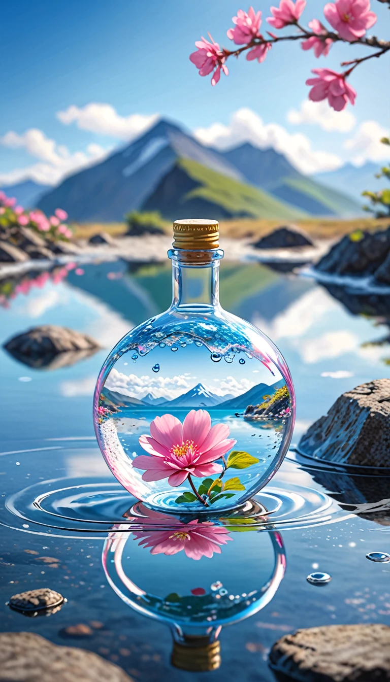 Outdoor, Bottle, water, Without humans, still life, Blurred, bubble, scenery, water drop, Ocean, Day, null, blue null, cloud, Blurred background, Depth of written boundary, reflection, alone, rock, Motion Blur, Mountain,Pink Flower, branch, ice