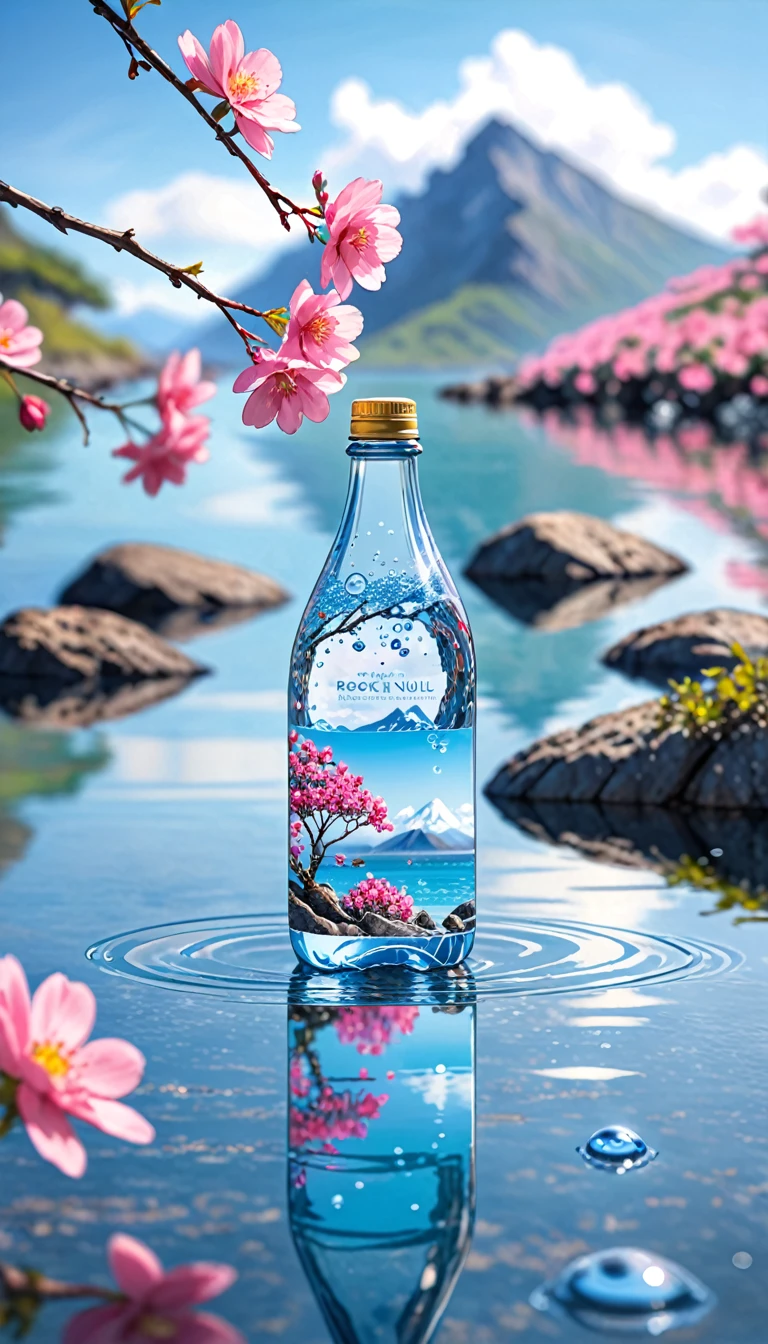 Outdoor, Bottle, water, Without humans, still life, Blurred, bubble, scenery, water drop, Ocean, Day, null, blue null, cloud, Blurred background, Depth of written boundary, reflection, alone, rock, Motion Blur, Mountain,Pink Flower, branch, ice