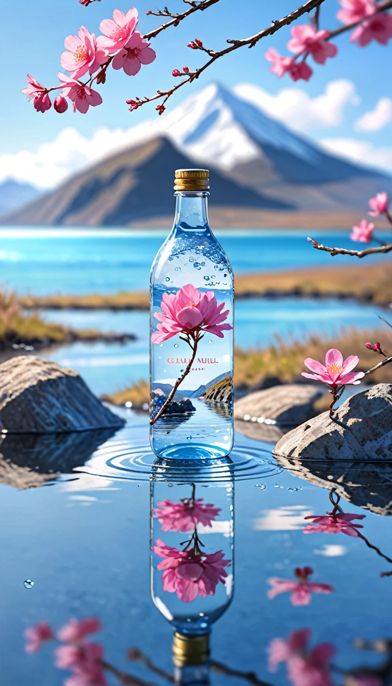 Outdoor, Bottle, water, Without humans, still life, Blurred, bubble, scenery, water drop, Ocean, Day, null, blue null, cloud, Blurred background, Depth of written boundary, reflection, alone, rock, Motion Blur, Mountain,Pink Flower, branch, ice