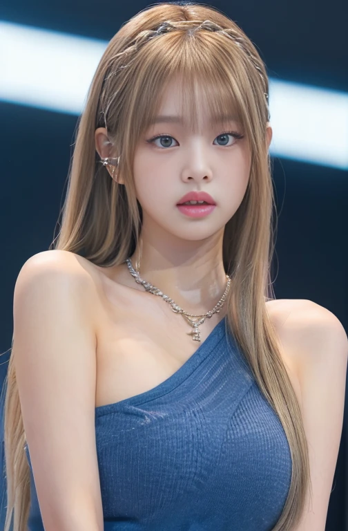 Blonde girl with blue scarf and white top posing for a photo with hazel eyes., roseanne park by blackpink, with long blonde hair, jossi de blackpink, with long white hair, lalisa manobal, heonhwa choe, jaeyeon nam, with long white hair, with long hair, kim taejin, Lalisa Manoban of Blackpink, Sakimichan, tanned skin, small shoulders with big breasts with a mini waist and big hips