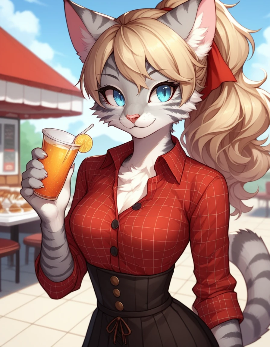score_9,score_8_up,score_7_up, kemono style, Kat, Anthro furry feline, silver fur, grey stripes on body, blue eyes, short wavy blonde hair, red polka dot bandana tied to head, pink nose, :3, upper body shot, portrait, wearing red plaid collared shirt, black waist shorts with buttons, outdoors, standing in front of a 1940s diner, on hand one waist