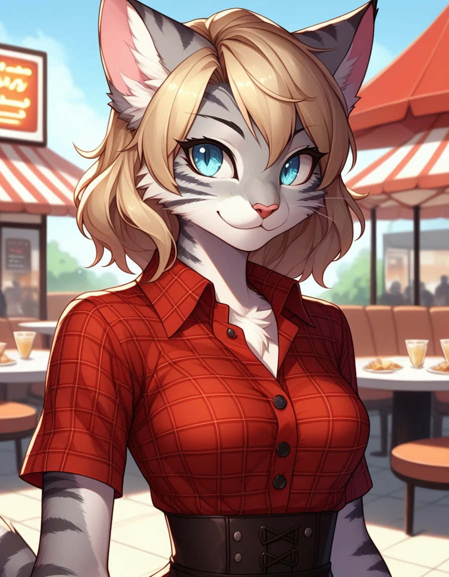 score_9,score_8_up,score_7_up, kemono style, Kat, Anthro furry feline, silver fur, grey stripes on body, blue eyes, short wavy blonde hair, red polka dot bandana tied to head, pink nose, :3, upper body shot, portrait, wearing red plaid collared shirt, black waist shorts with buttons, outdoors, standing in front of a 1940s diner, on hand one waist